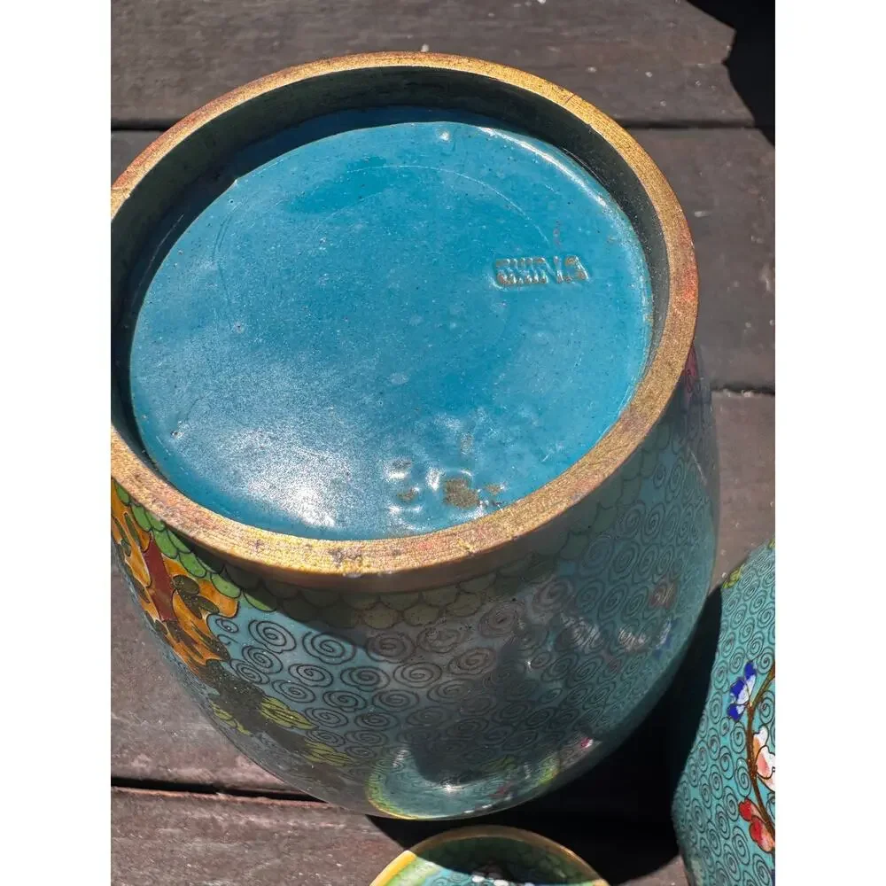 Vintage Chinese Cloisonne Ginger Jars Pair -Turquoise Floral Lidded Urns Amazing